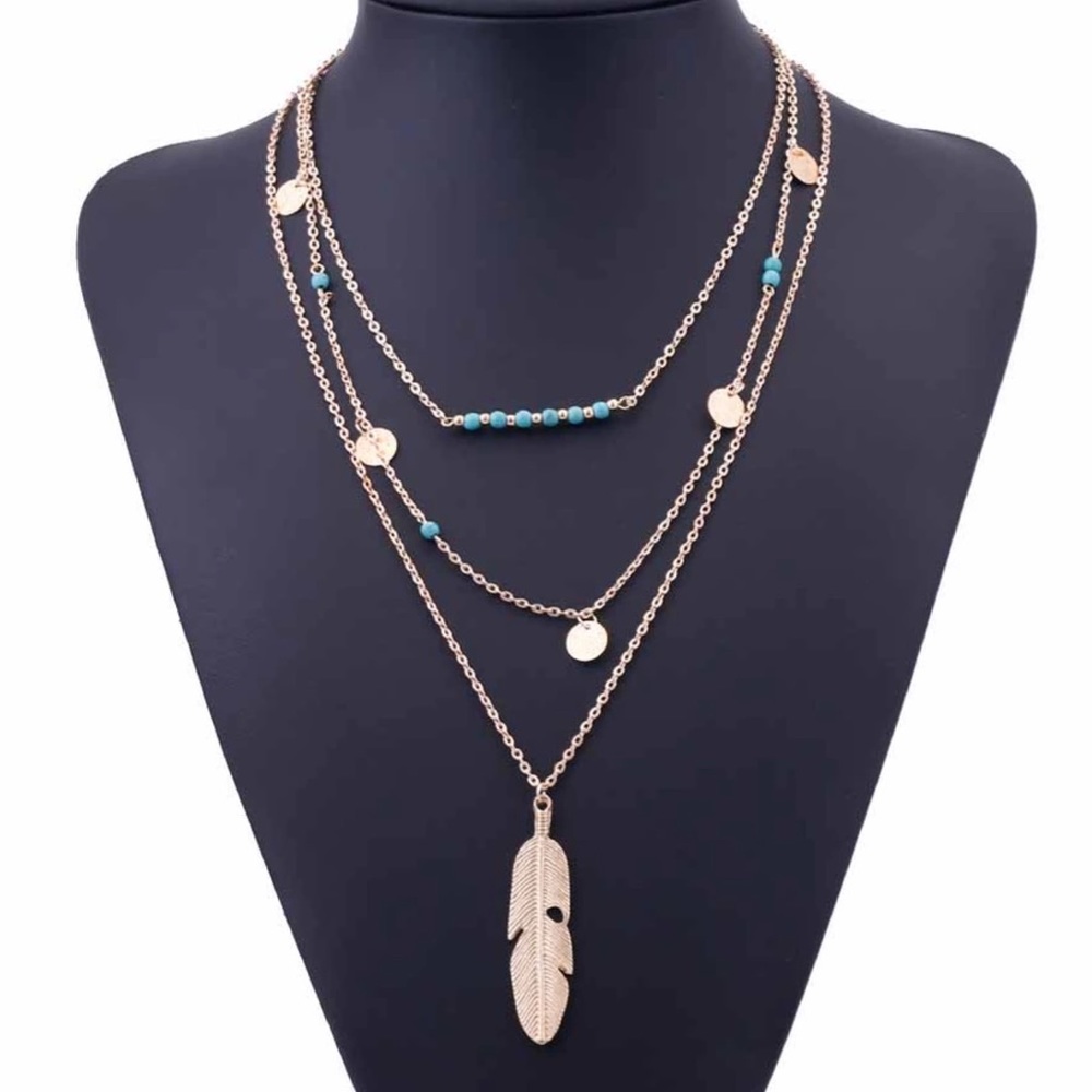 Multi-Layered Necklace NWT Boho Feather Bohemian - Picture 3 of 7